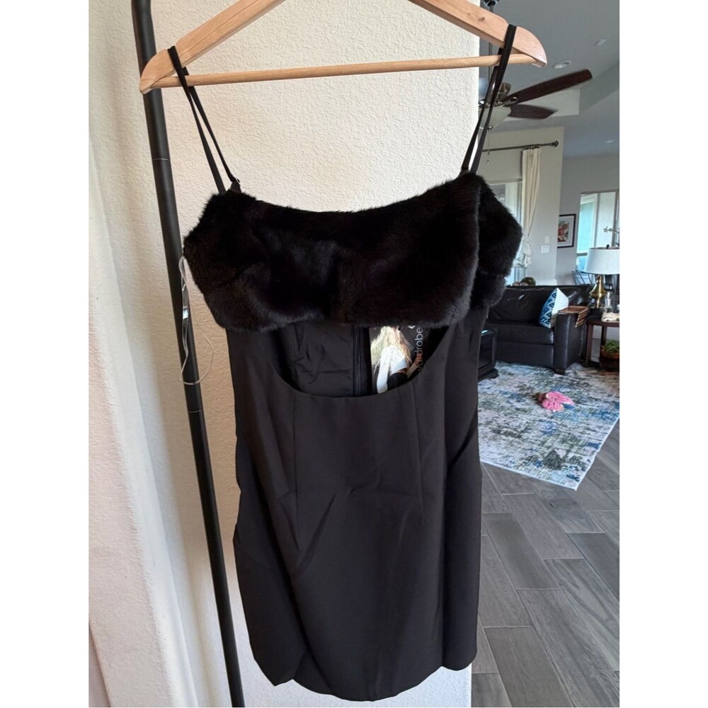 naked wardrobe Black Faux-Fur Trim Mini Slip Dress S